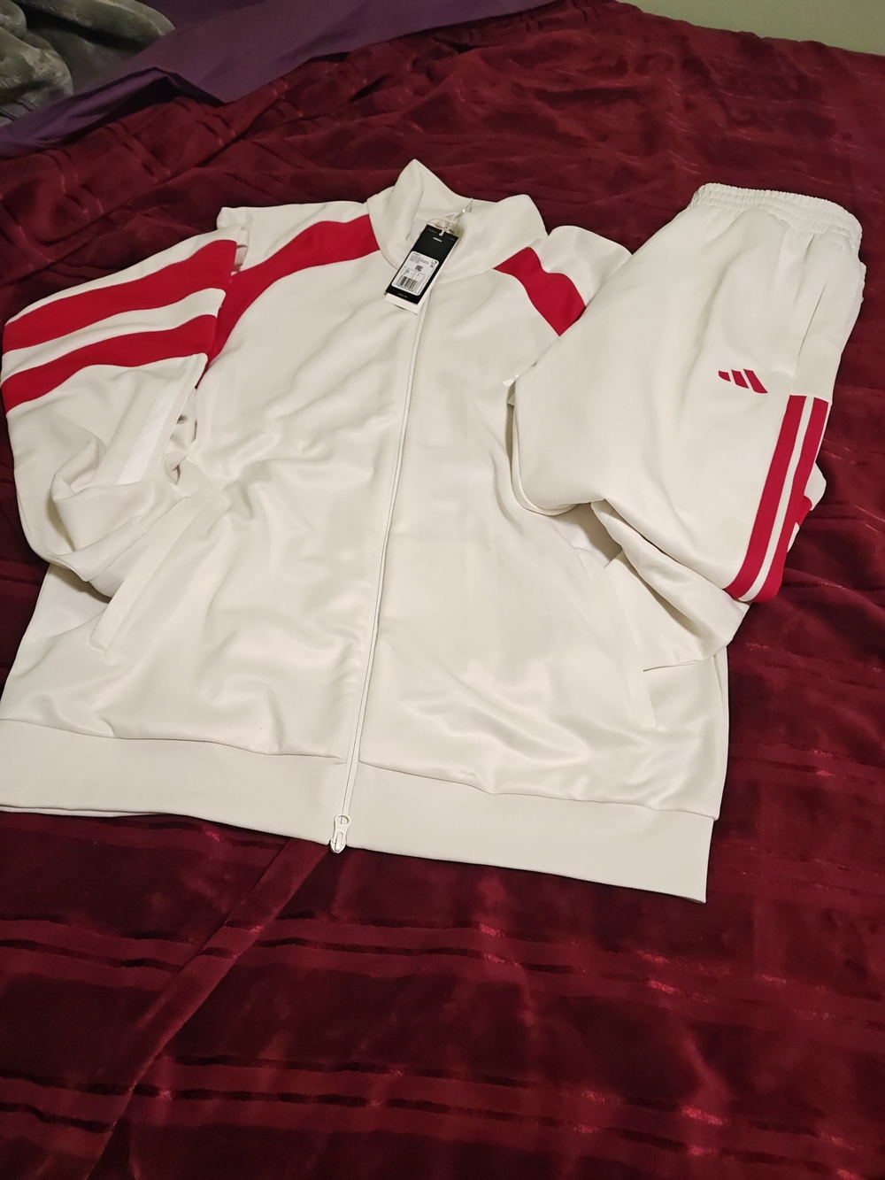 adidas White Track Jacket & Pants Set with Red Stripes